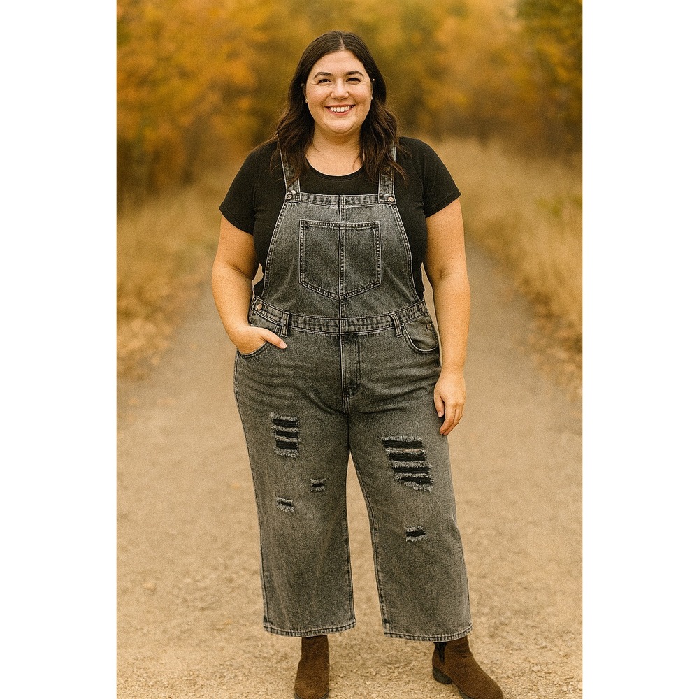 Womens Plus Size Dark Grey Denim Distressed Wide Leg Cropped Overalls‎ XXL
